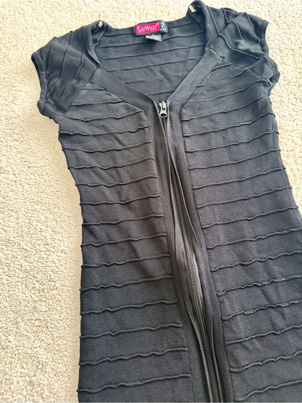 Black Ribbed Zip-Front Mini BodyCon Dress - Picture 2 of 5